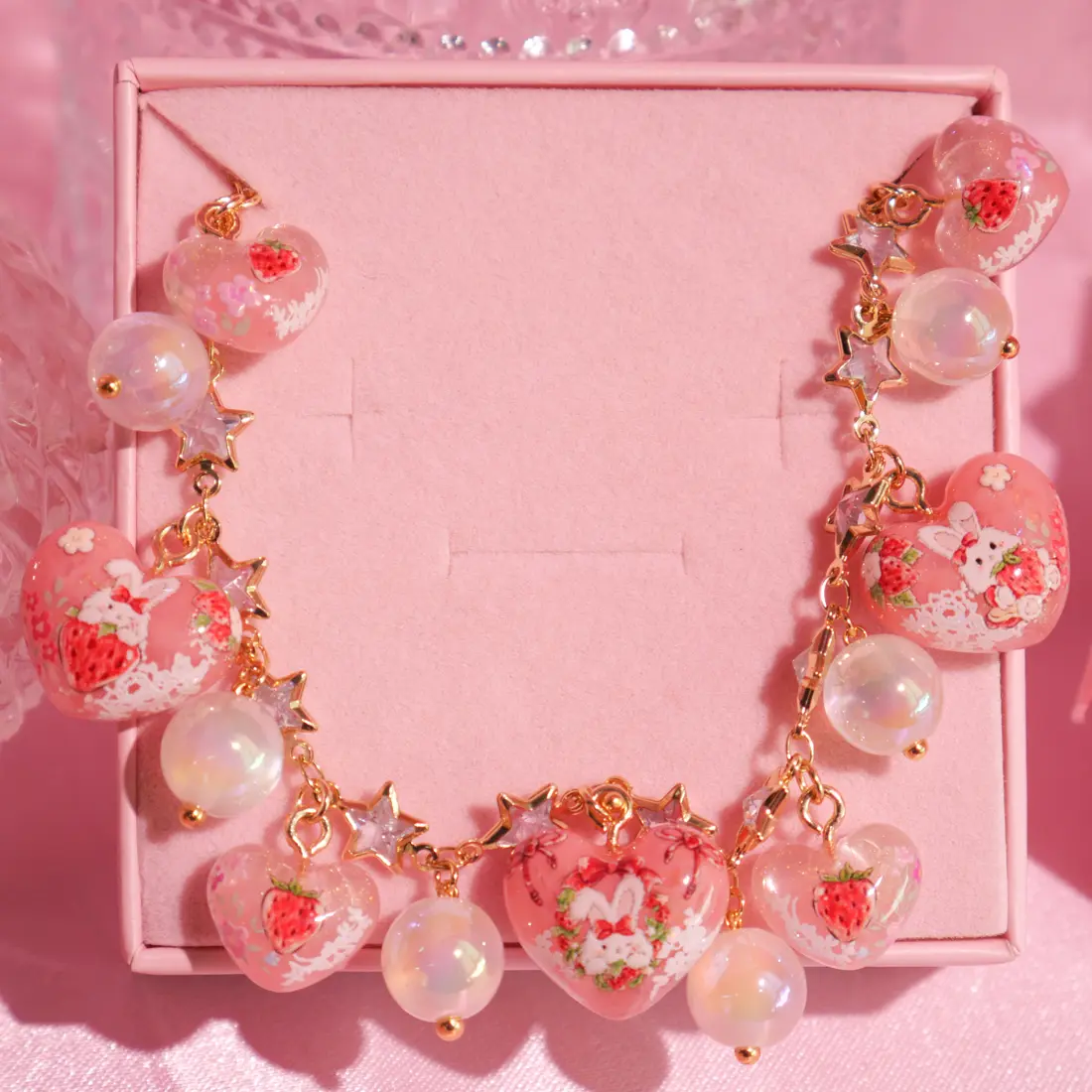ข้อมือหัวใจ Strawberry Bunny Ribbon สร้อยข้อมือ MIMEAR