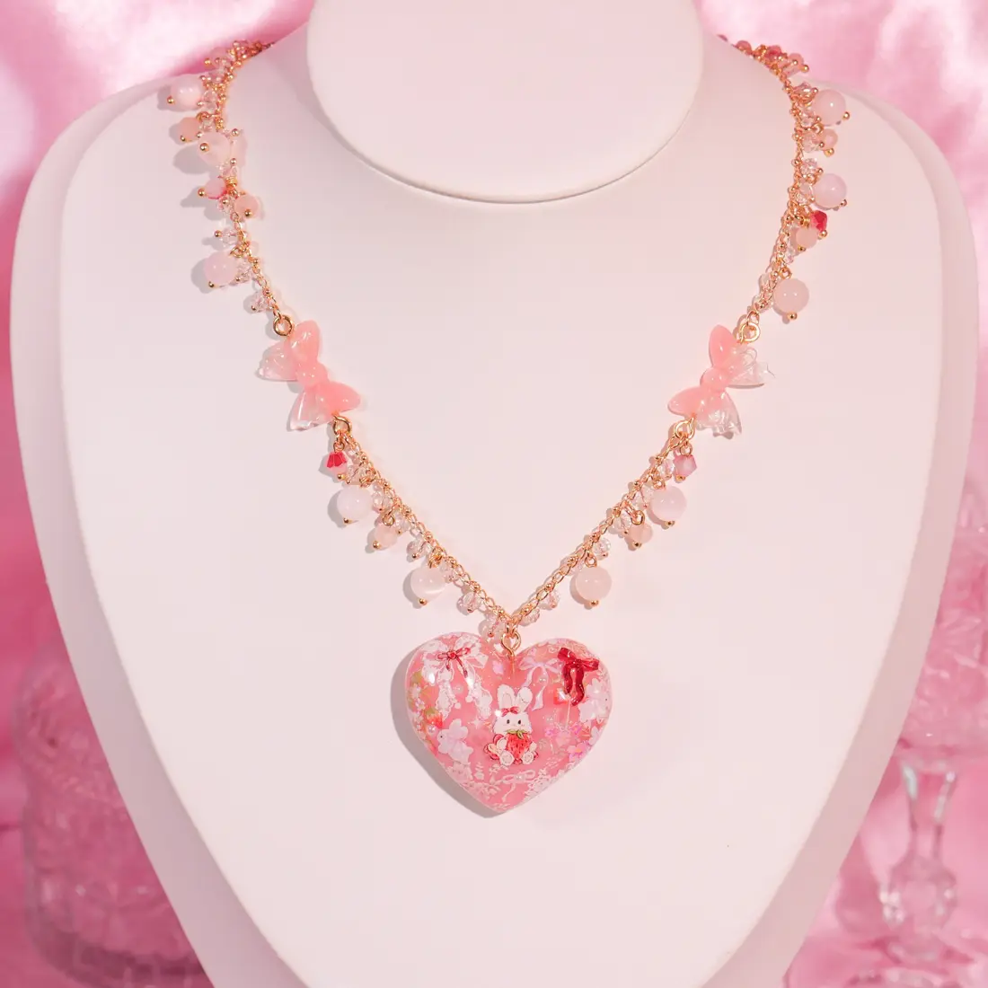 สร้อยคอใจใหญ่ Strawberry Bunny Ribbon สร้อยคอ MIMEAR