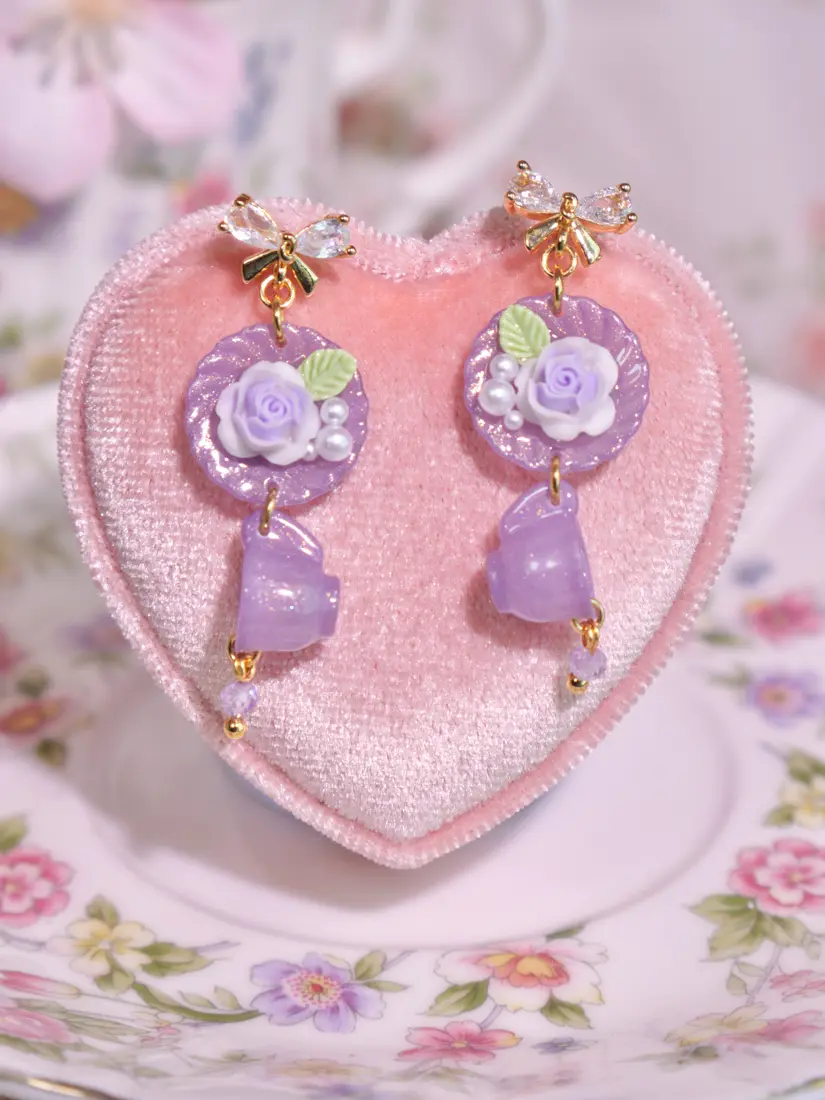 ต่างหูถ้วยจานคู่ม่วง Fleur Glassy Pour ต่างหู MIMEAR