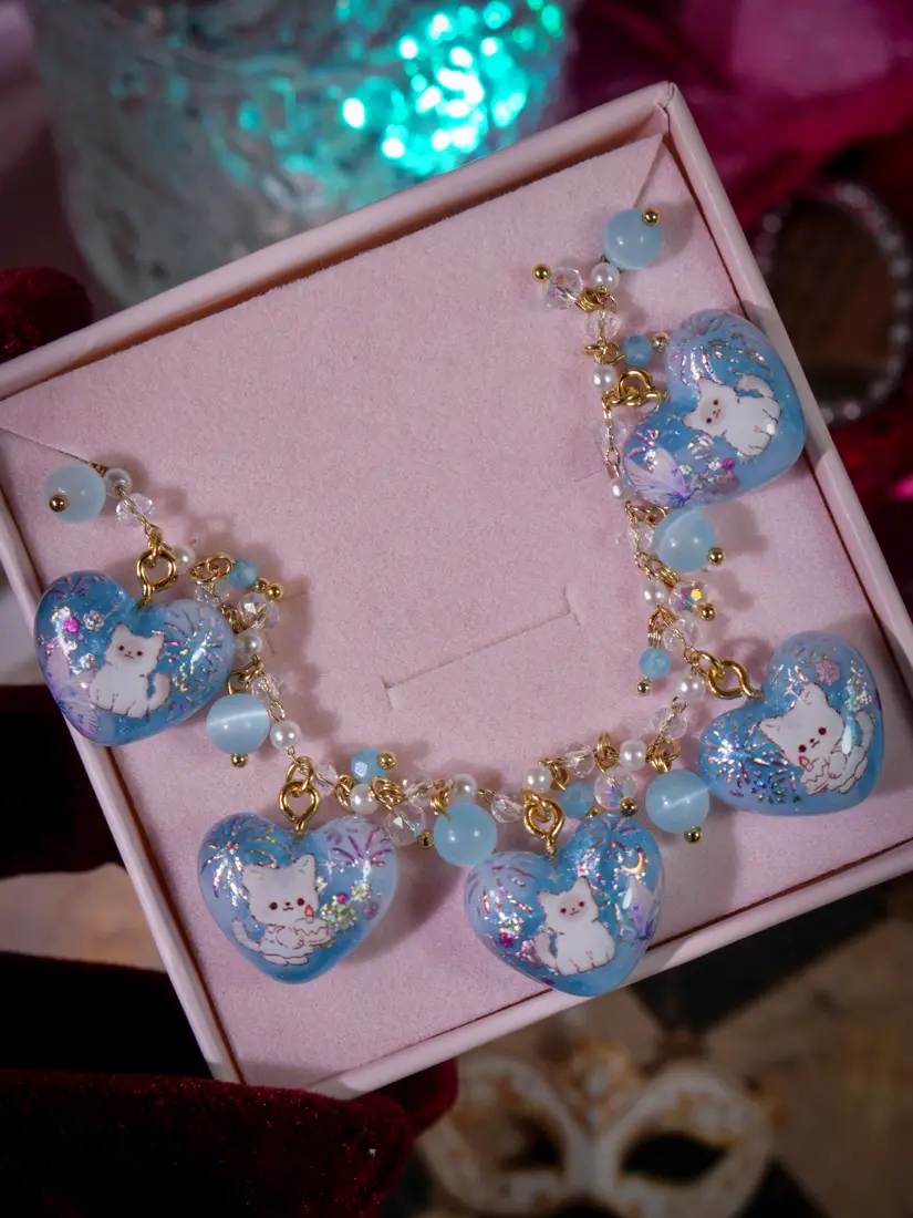 ข้อมือหัวใจฟ้าขาวแมวขาว สร้อยข้อมือ MIMEAR