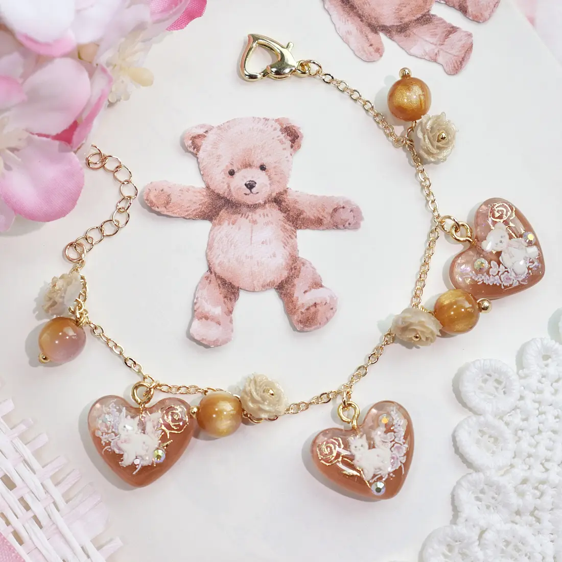 ข้อมือใจแมวน้ำตาลกุหลาบทอง สร้อยข้อมือ MIMEAR