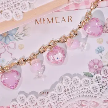 ข้อมือใจแมวแก้วกุหลาบชมพู สร้อยข้อมือ MIMEAR