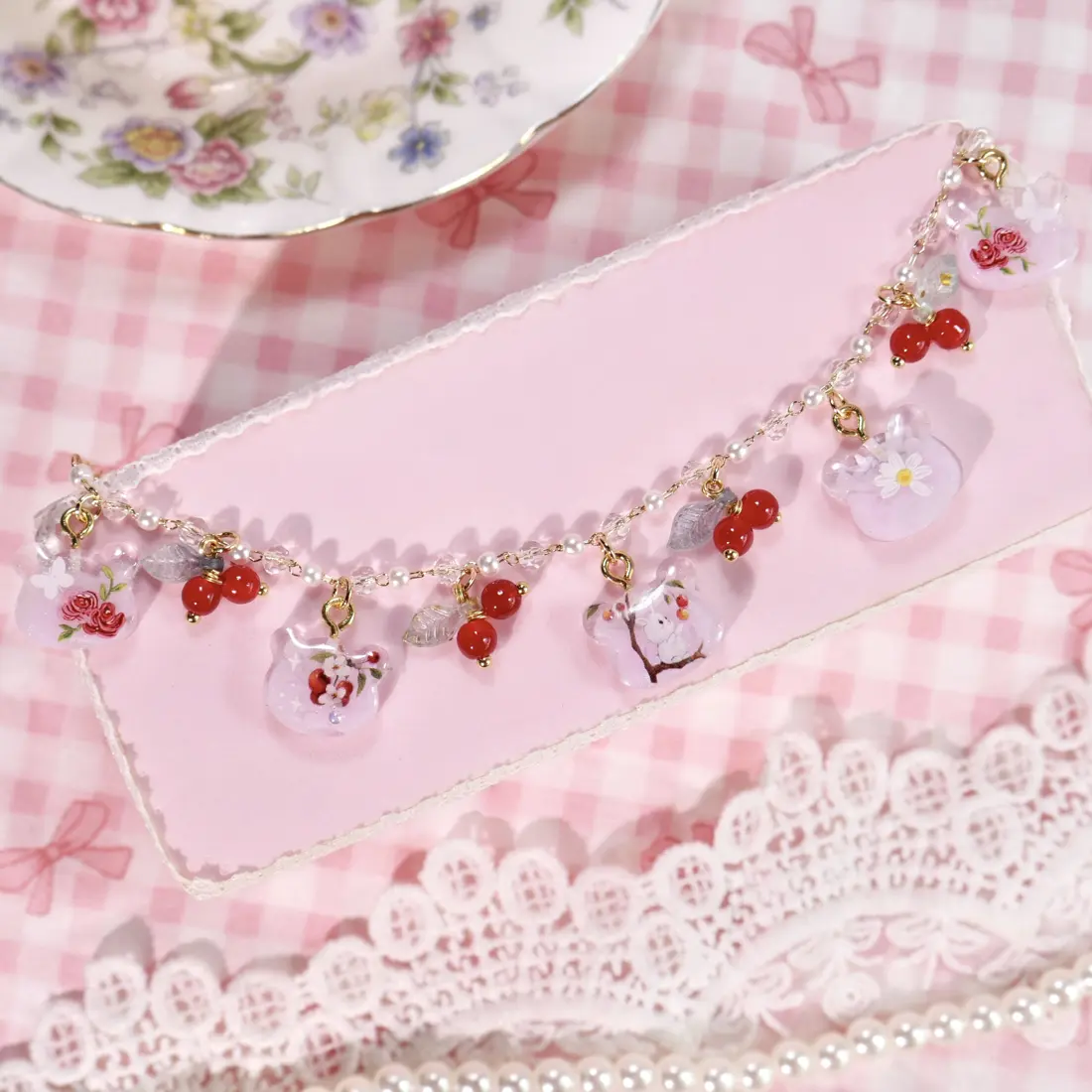 ข้อมือหมีชมพูเชอร์รีแดง สร้อยข้อมือ MIMEAR