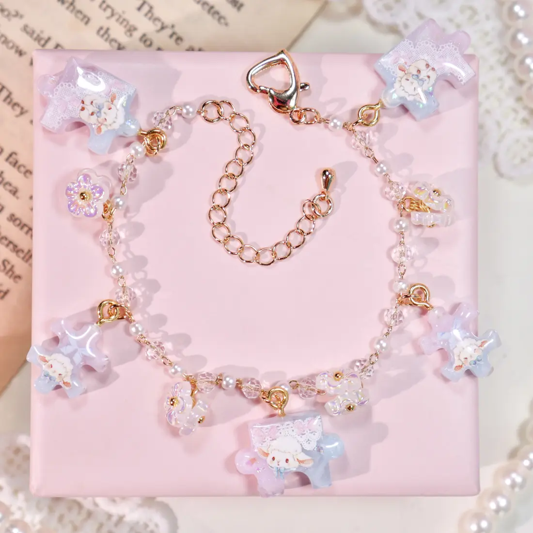 ข้อมือจิ๊กซอว์ชมพูฟ้าแกะ สร้อยข้อมือ MIMEAR