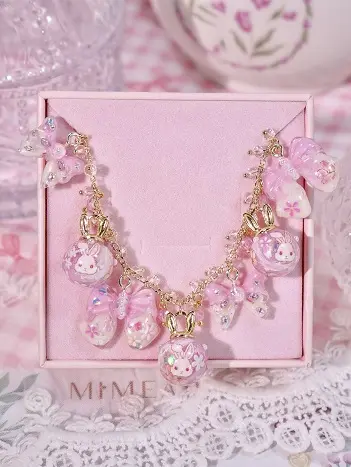 ข้อมือกลมโบว์ชมพูครีมหูกระต่าย สร้อยข้อมือ MIMEAR