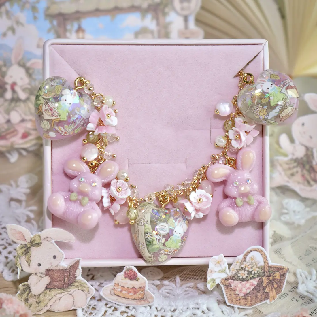 ข้อมือหัวใจชมพูกระต่ายใต้ร่มไม้ สร้อยข้อมือ MIMEAR